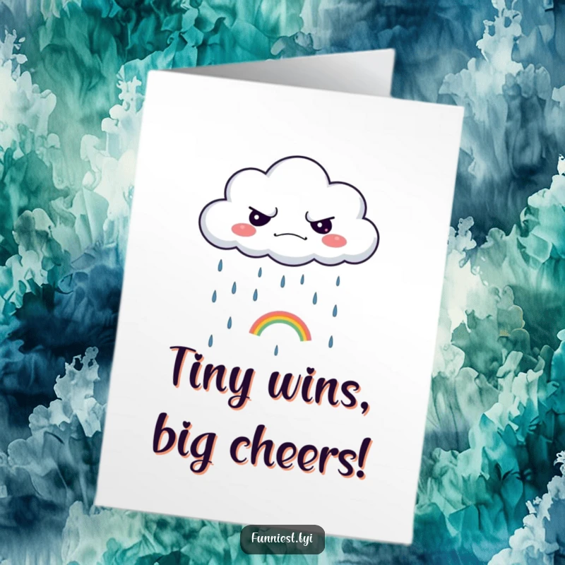 Funny Free Printable Congrats Card: A grumpy cloud, despite its mood, produces a small, surprising rainbow.