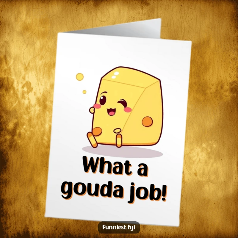 Funny free printable congratulations card: a talking wedge of cheese trips over its feet.