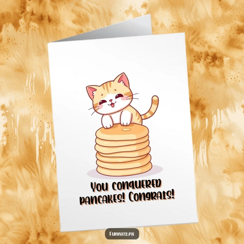 Funny free printable congratulations card: a daring cat attempting to balance on a tall, wobbly stack of pancakes.