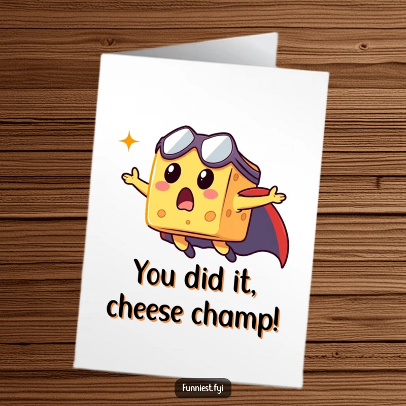Funny Free Printable Card: A surprised cheese cube wearing a cape, soaring through the sky in celebration.