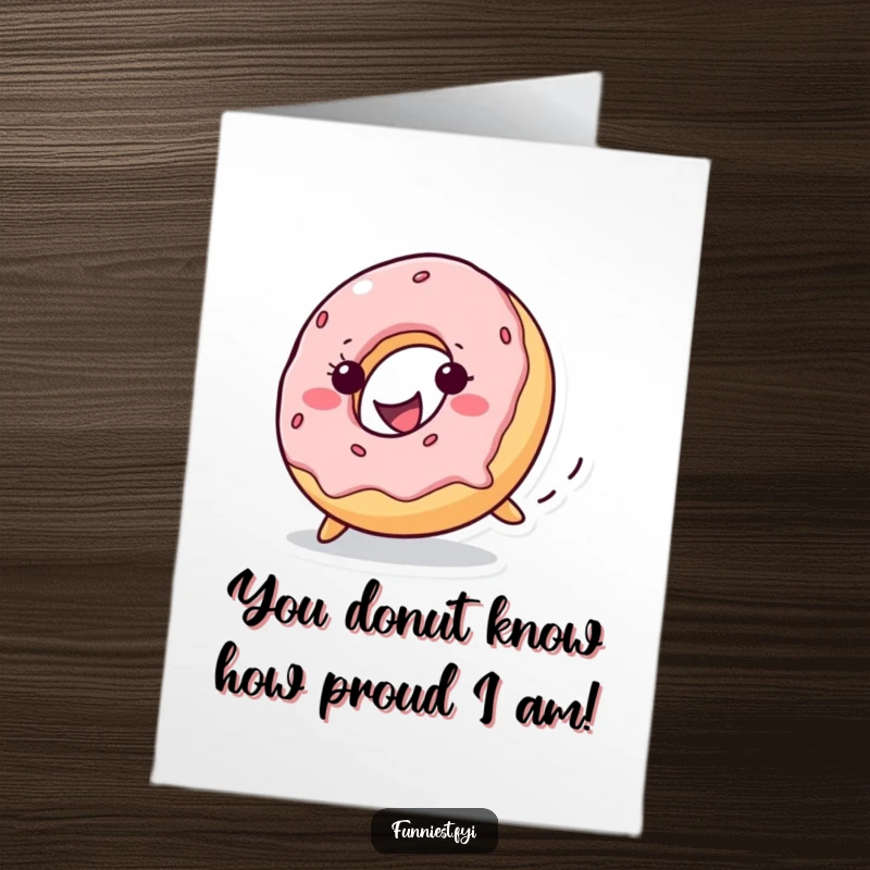 Funny Free Printable Congratulations Card: A mischievous donut with a wide grin rolls downhill, celebrating success with sugary glee.