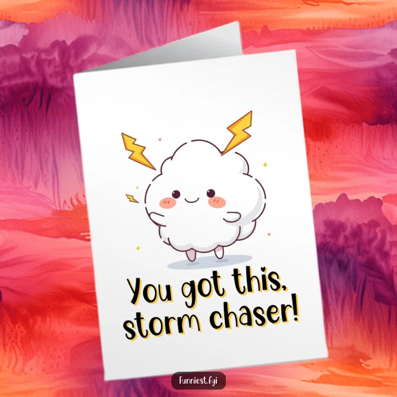 Funny Free Printable Congratulations card: a cloud juggles lightning bolts, celebrating success with electrifying humor.