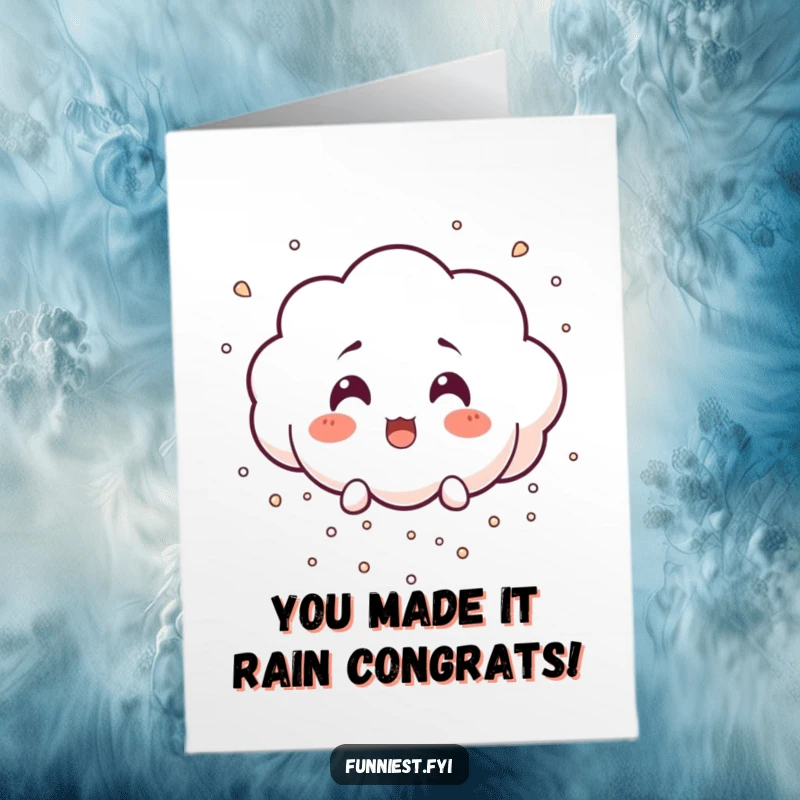 Funny free printable congratulations card where a surprised cloud character showers tiny laughter particles, symbolizing joyful congratulations.
