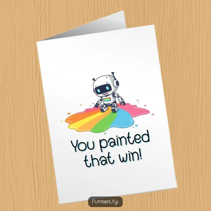 Funny Free Printable Congratulations Card: A robot character stumbling and spilling a large rainbow paint puddle.