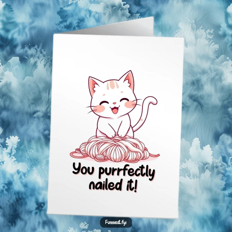 Funny Free Printable Congratulations Card: Smiling cat character trips over tail into yarn pile, celebrating joyfully.