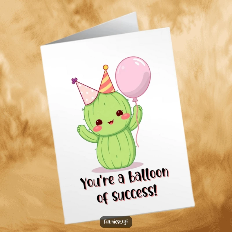 Funny Free Printable Congrats Card: Cute cactus wearing a party hat attempts to hug a balloon in celebration.