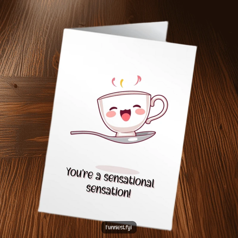 Funny Free Printable Congratulation Card: Singing teacup balancing on a spoon, a quirky celebration.
