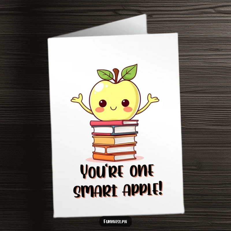 Free Printable Congratulations Card: A proud apple character holding a stack of books, representing intelligence and achievement.