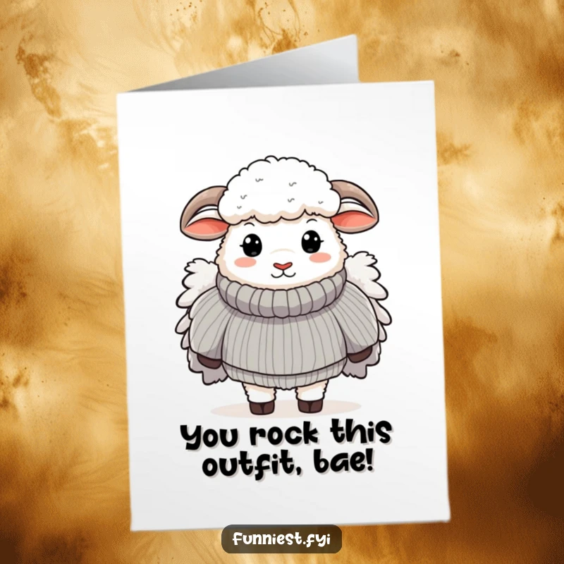 Funny Free Printable Congrats Card: A sheep sporting a massive fluffy sweater, celebrating success with cozy delight.