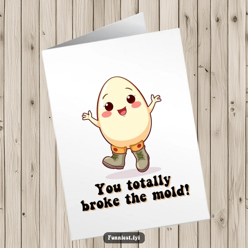 Funny Free Printable Congrats Card: Cheerful egg in oversized boots doing a clumsy jig, unique downloadable art.