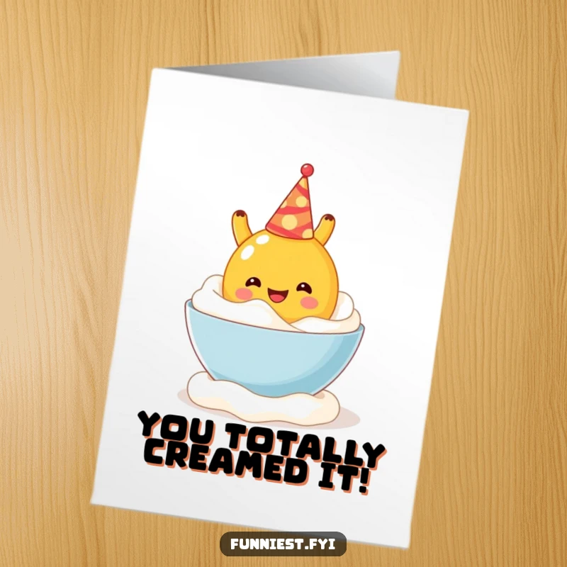 Funny Free Printable Congratulations Card: Cheerful fruit character with party hat falling into whipped cream, a celebration of messy success.