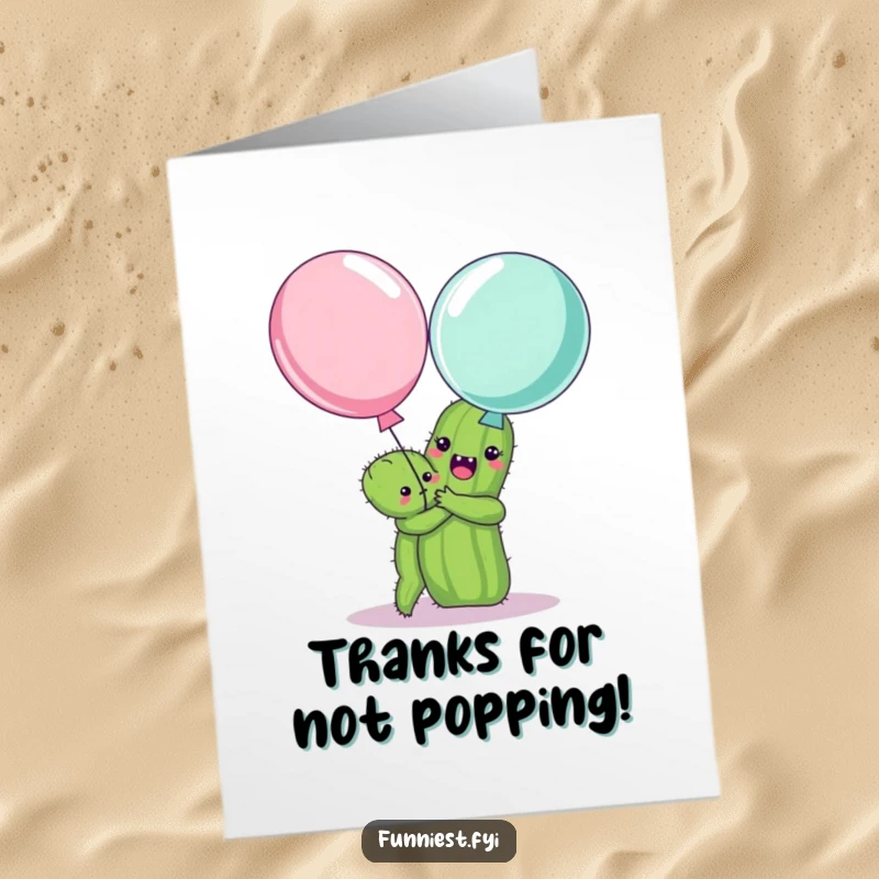 Funny Free Printable Thank You Card: Cactus offering a hug to a startled balloon, a unique thanks.