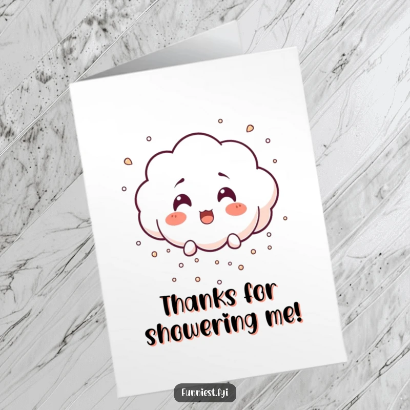 Funny free printable thank you card showing a surprised cloud raining tiny laughter particles, an uplifting and humorous way to say thank you.