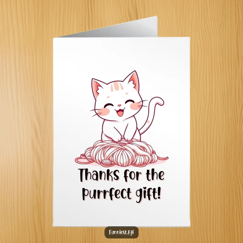 Funny Free Printable Thank You Card: Smiling cat character trips over its own tail into a pile of yarn, saying thanks.