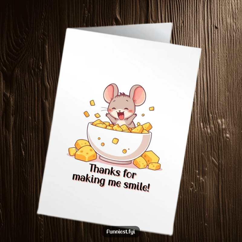 Free Printable Thank You Card: A happy mouse character diving with glee into a huge bowl of tasty cheese.