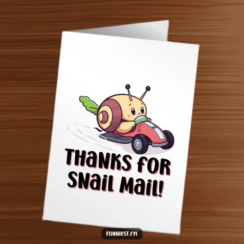 Free Printable Thank You Card: A determined snail character in a race car heading towards a lettuce finish line.