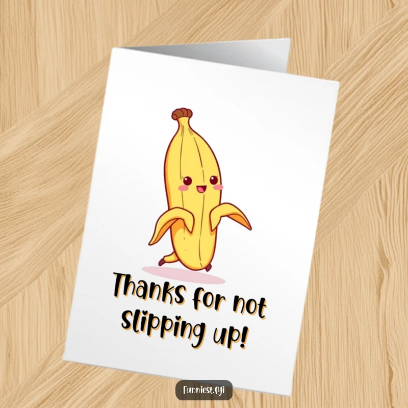Funny Free Printable Thank You Card: A banana peel character comically slipping on its peel, a playful way to say thanks.