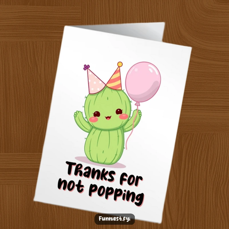 Funny Free Printable Thank You Card: Cute cactus wearing a party hat attempts to hug a balloon as a thank you.
