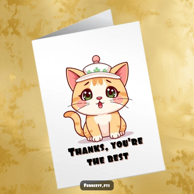 Funny Free Printable Thank You Card: Cat accidentally wearing a teacup as a hat, expressing thanks with cute humor, perfect downloadable gift.
