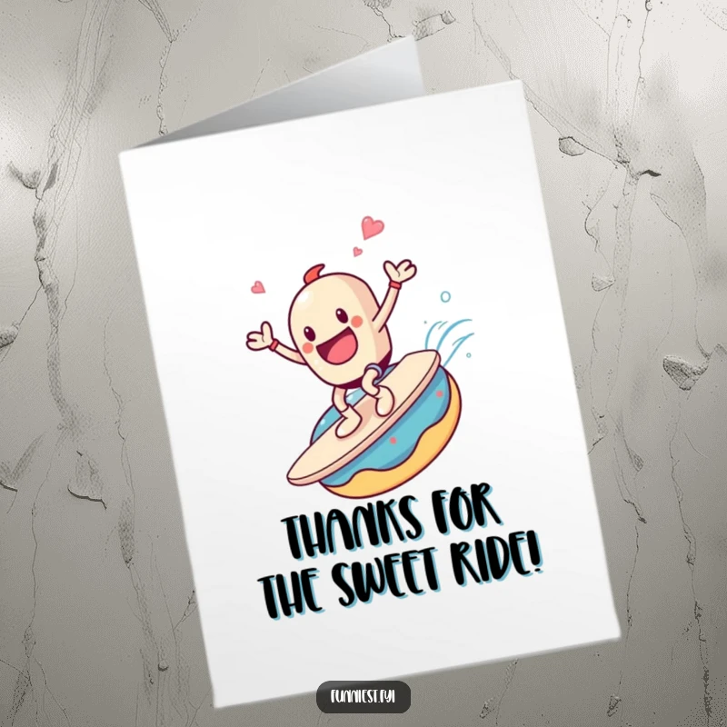 Funny Free Printable Thank You Card: A happy coffee cup character surfing on a giant donut, a sweet way to say thanks.