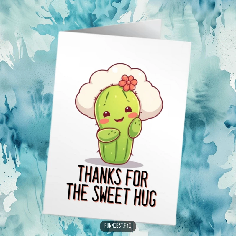 Funny free printable thank you card: A content cactus gives a fluffy cloud a warm hug, expressing sincere appreciation.