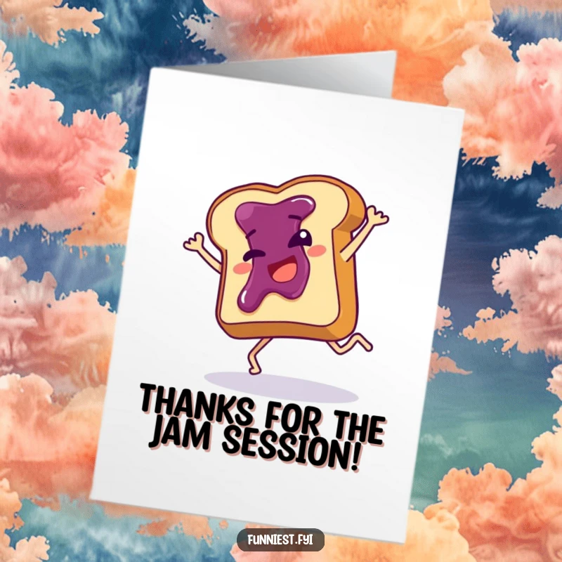 Funny Free Printable Thank You Card: Jam toast doing a cheerful cartwheel, spreading thanks with a big silly grin.