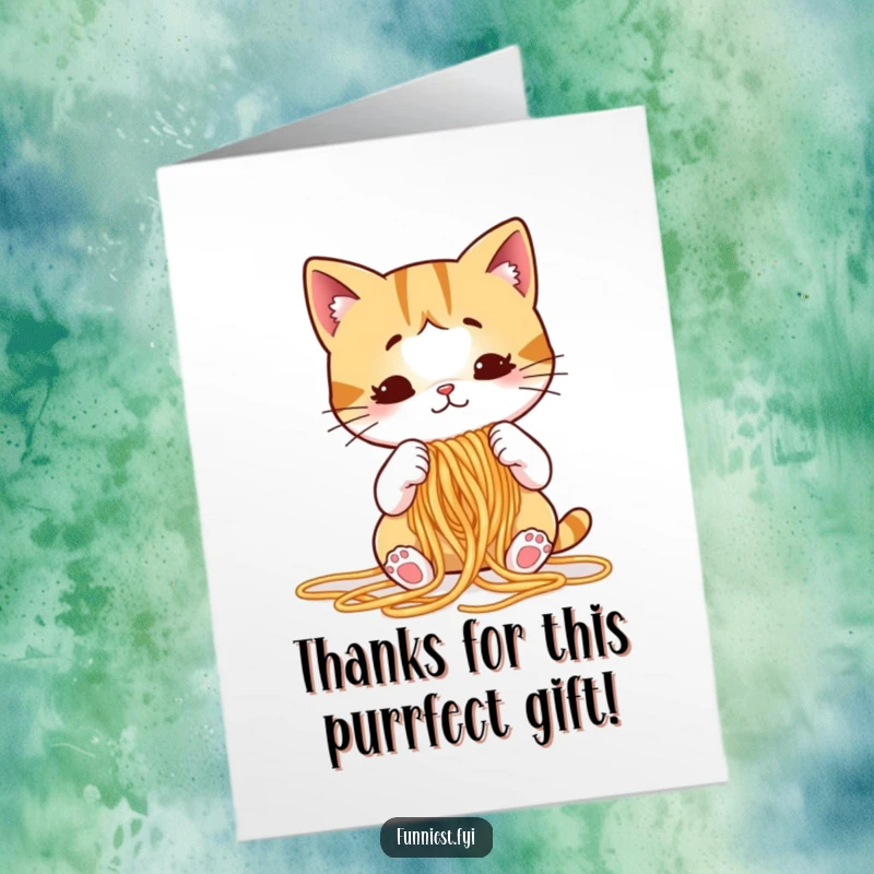 Funny Free Printable Thank You Card: Puzzled cat attempts spaghetti knitting, a unique DIY gift expressing gratitude.