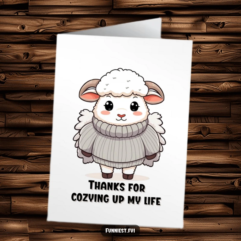 Funny Free Printable Thank You Card: A sheep looks incredibly cozy in its oversized fluffy sweater, sending thanks.