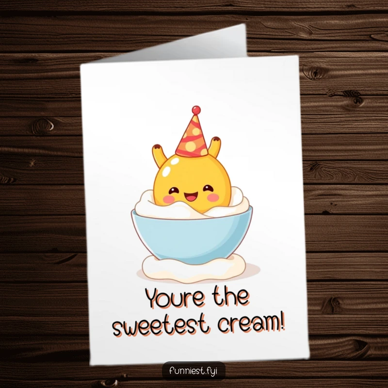 Funny Free Printable Thank You Card: Cheerful fruit character falling into whipped cream, a comical way to say thanks.