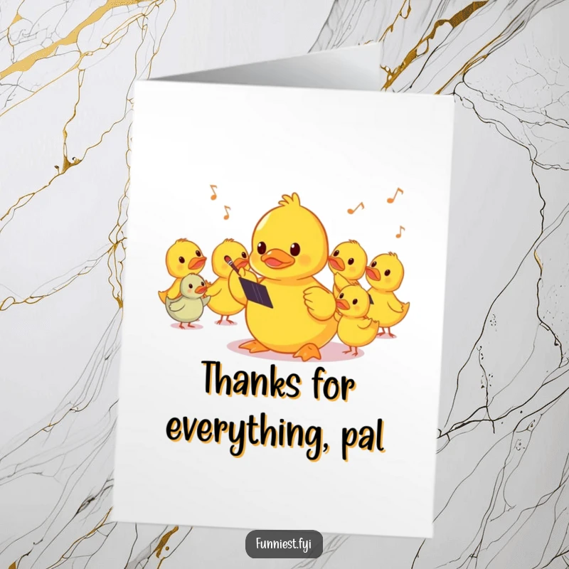Free Printable Thank You Card: A timid rubber ducky enthusiastically conducts squeaky sounds, a funny and cute thank you note.