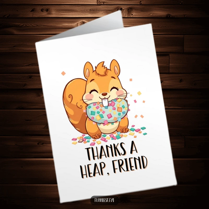Free Printable Thank You Card: A playful squirrel hoarding large pieces of confetti, a unique and humorous thank you.