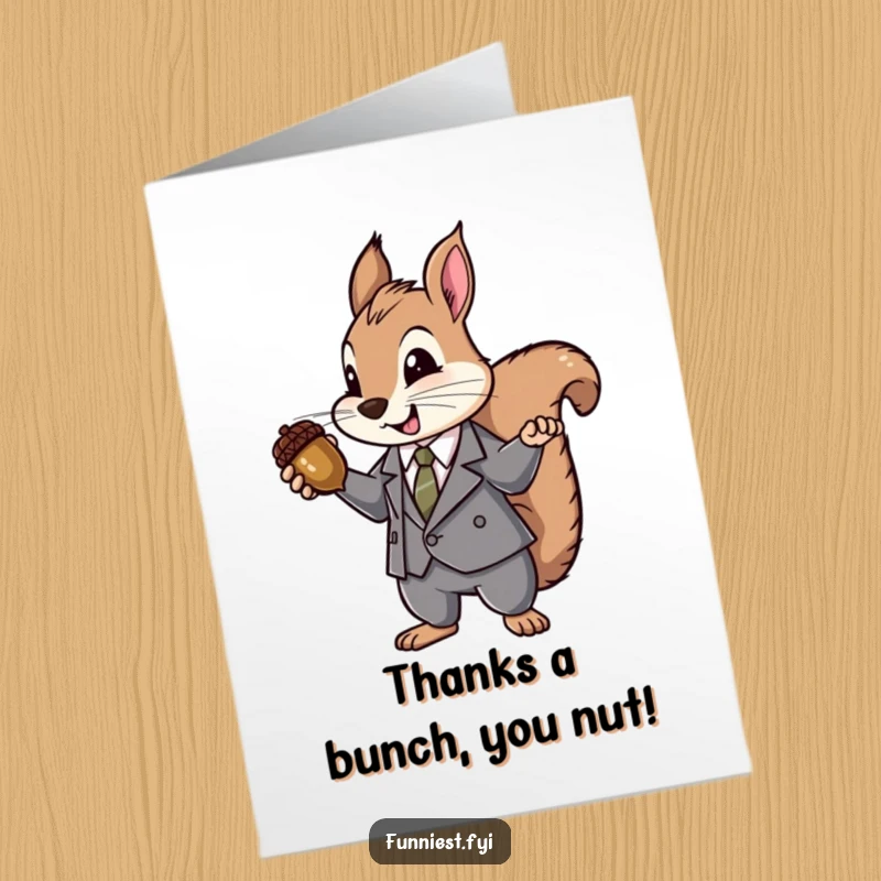 Funny Free Printable Thank You Card: Squirrel in a suit presenting an acorn like a valuable jewel to express thanks.