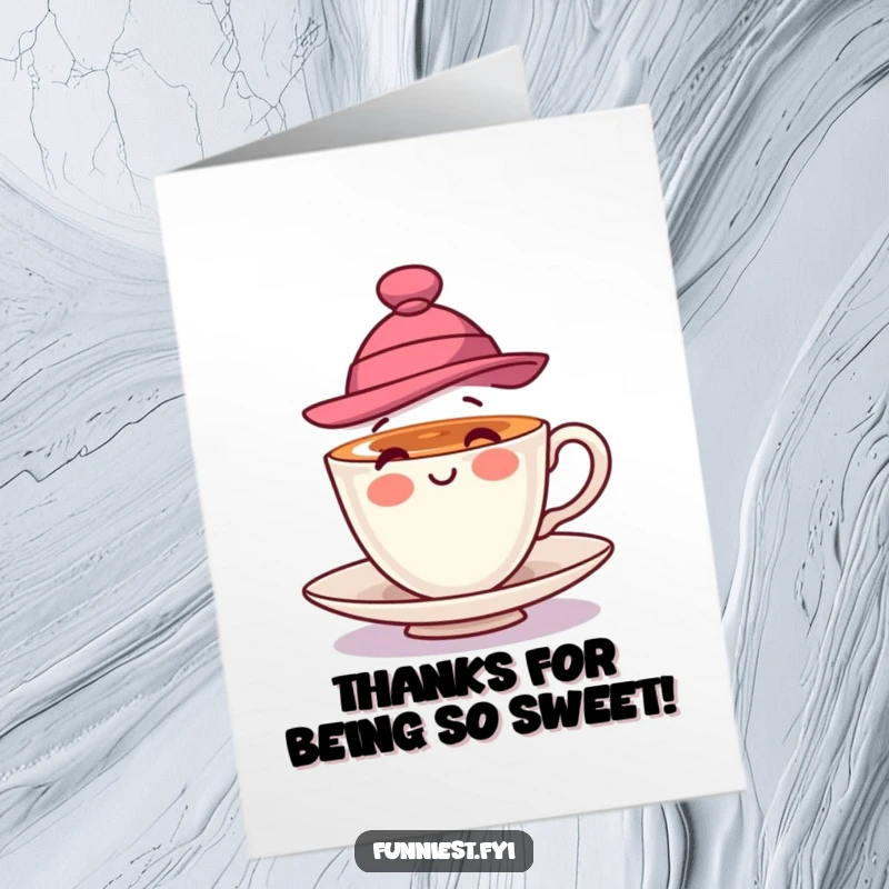 Funny Free Printable Thank You Card: A teacup sporting a stylish hat, playfully spinning to express sincere gratitude.