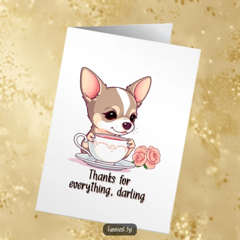 Funny Free Printable Thank You Card: Chihuahua sipping tea elegantly, conveying gratitude with dramatic, humorous flair.