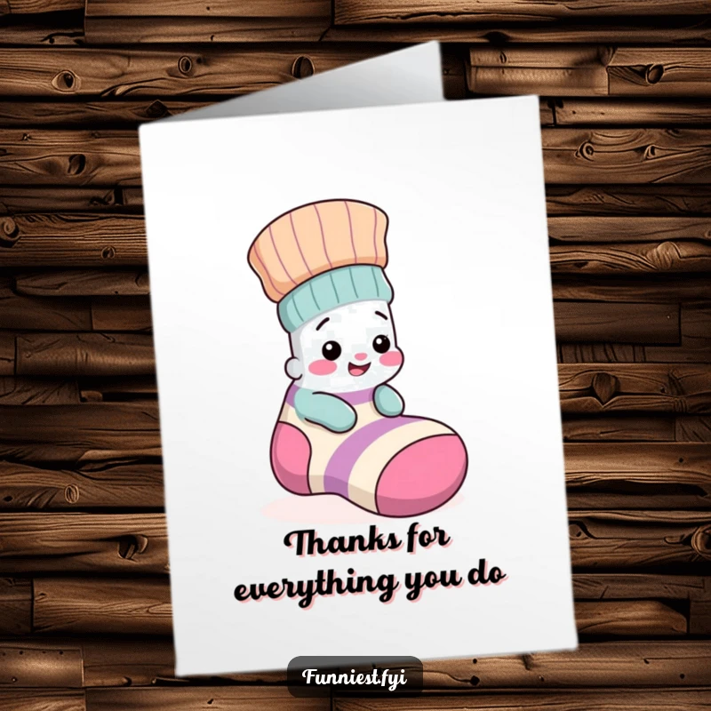 Funny Free Printable Thank You Card: Giggling sock peeks from a bigger sock, expressing thanks with humor.