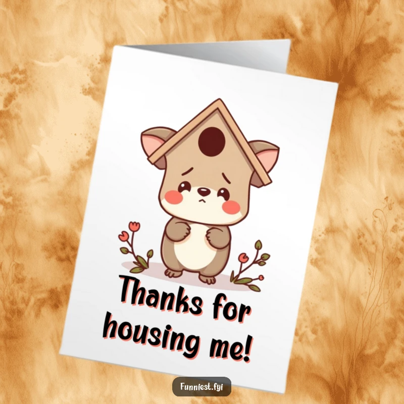 Funny Free Printable Thank You Card: Confused animal character wearing a birdhouse as a hat, looking lost, a comical thank you.