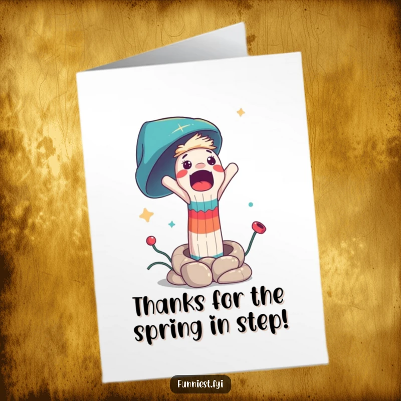 Funny Free Printable Thank You Card: A sock puppet character unexpectedly launches from a spring, conveying shock and thanks.