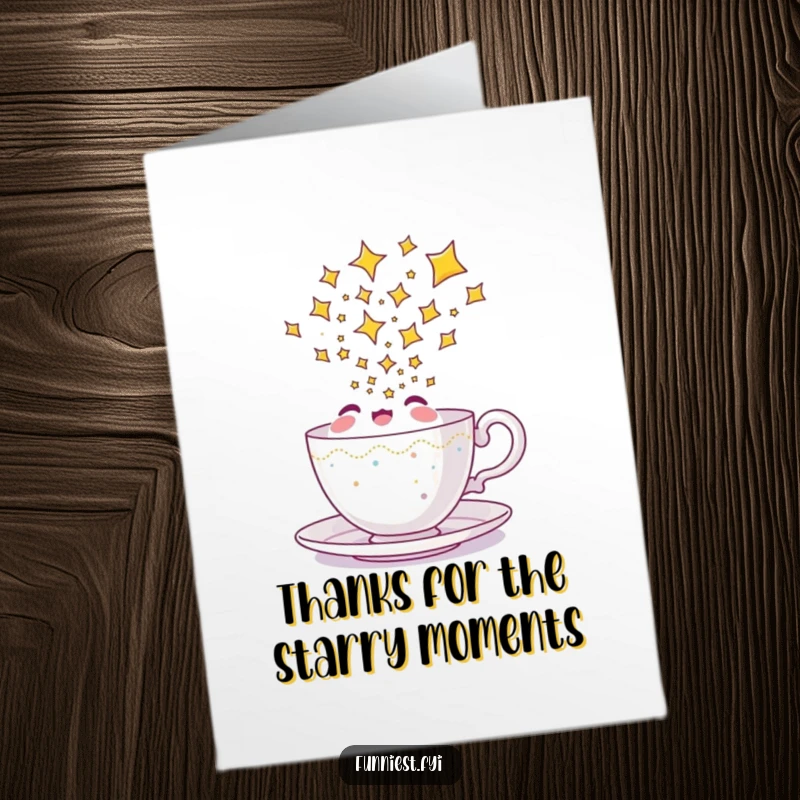 Funny Free Printable Thank You Card: Delighted teacup character pouring a galaxy of stars, expressing sincere thanks.