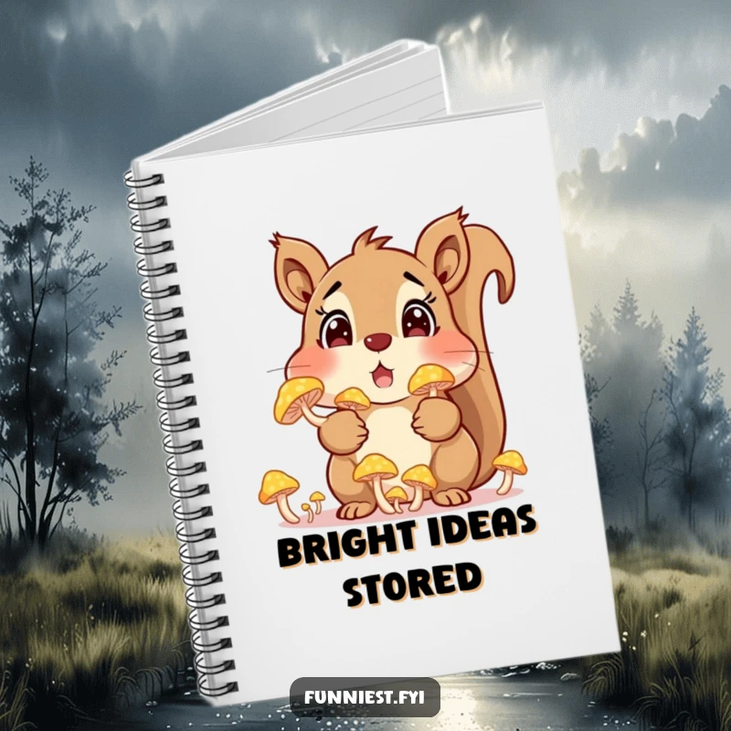 Funny squirrel character with stuffed cheeks full of glowing mushrooms on a notebook, inspiring woodland thoughts and playful writing, a great gift.