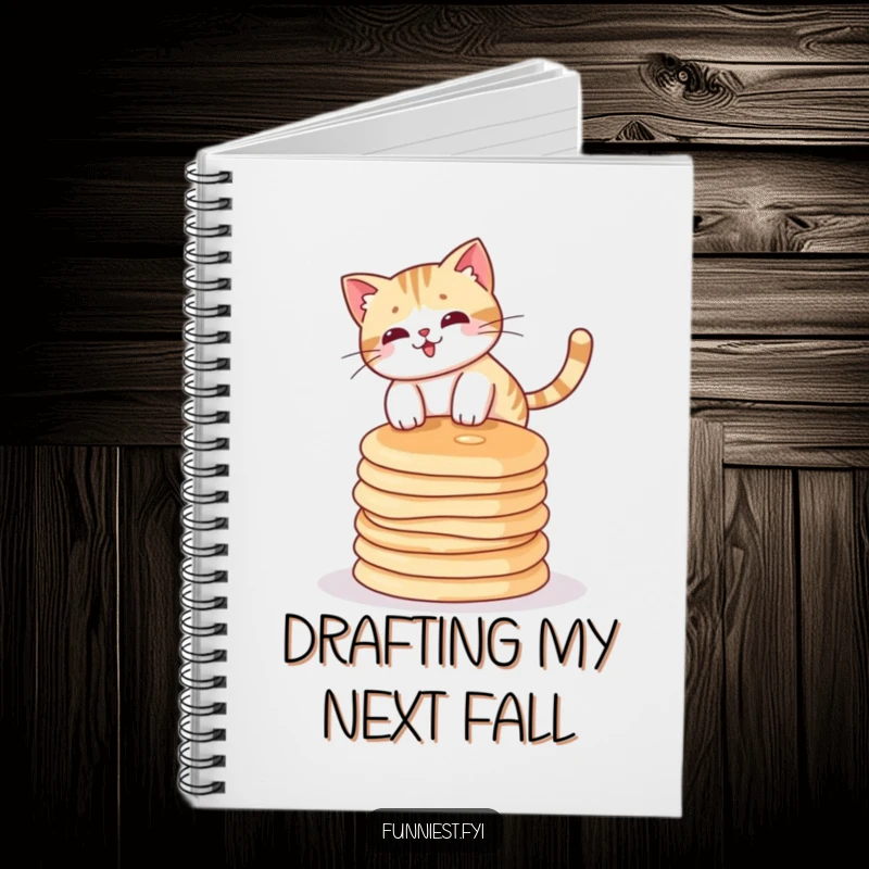 Funny cat character wobbling on a stack of pancakes, perfect for jotting down notes and funny thoughts.