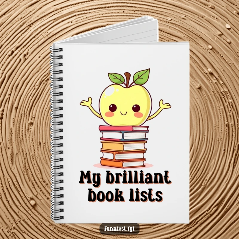 Funny proud apple character balancing a stack of books on a notebook cover, perfect for jotting down intellectual notes.