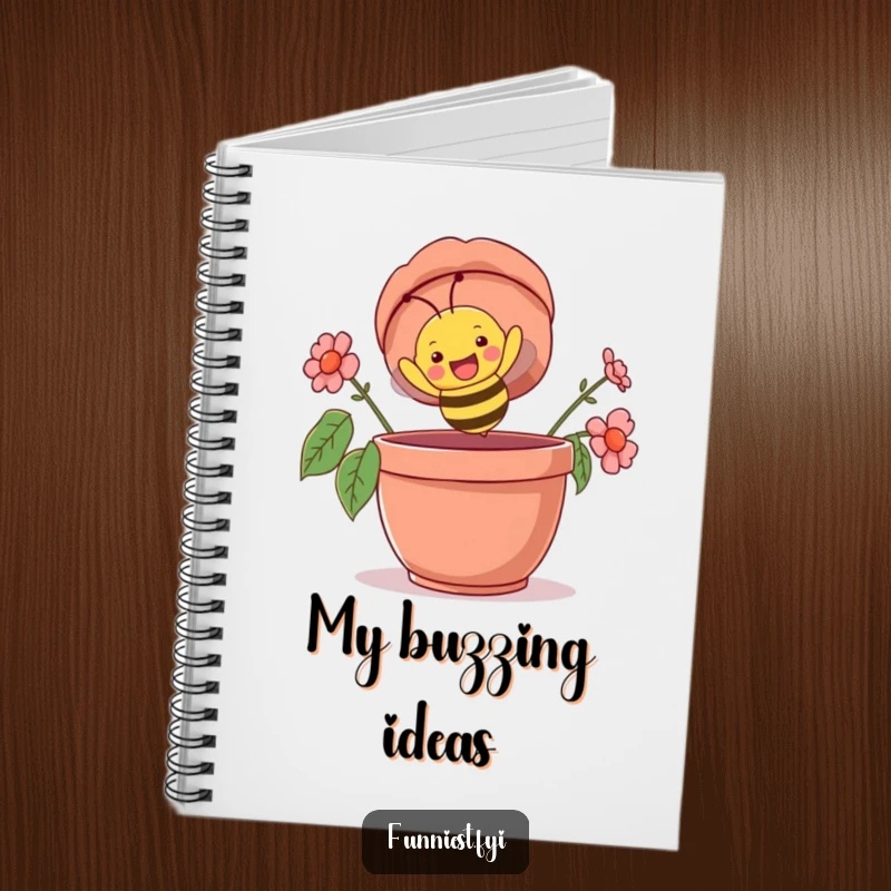 Funny notebook featuring a happy bee character comically flying upside down into a giant flowerpot, ideal for jotting down cheerful notes.
