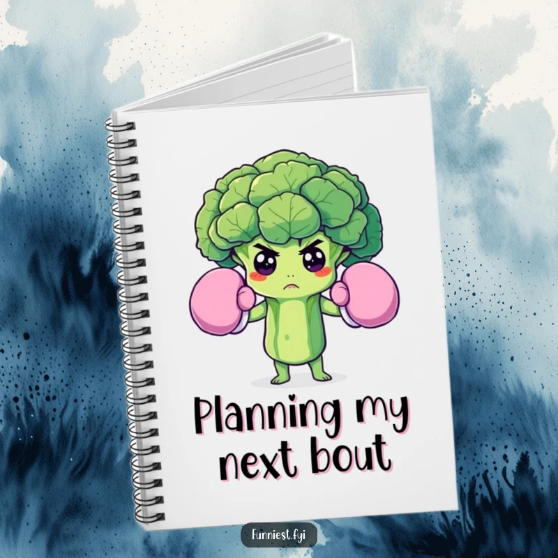 Funny notebook cover featuring a determined broccoli floret in oversized boxing gloves, ideal for planning, notes, and motivational scribbles.
