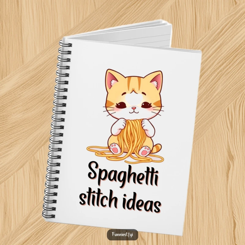 Funny cat notebook featuring a puzzled cartoon cat attempting to knit spaghetti noodles, ideal for journaling and creative notes.