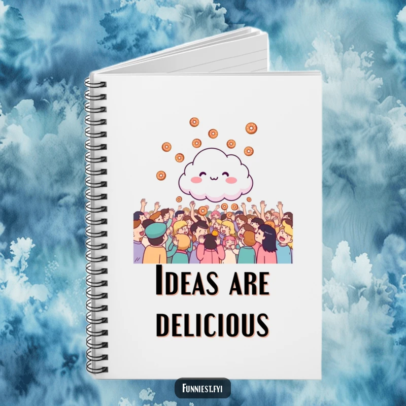 Funny giggling cloud raining tiny donuts onto a cheering crowd, a humorous notebook for creative writing.