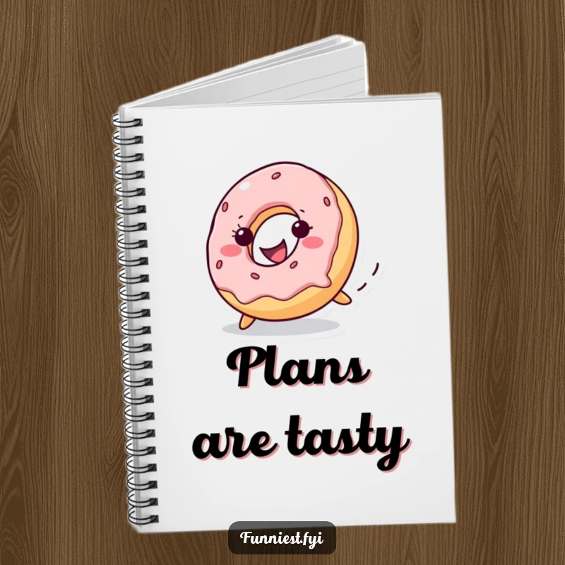 Funny donut character rolling downhill with a cheerful grin on a notebook, inspiring sweet thoughts and playful writing, a great gift.