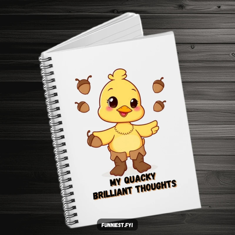 A notebook with a cover featuring a funny happy duck wearing oversized boots and juggling acorns, inspiring cheerful note-taking.