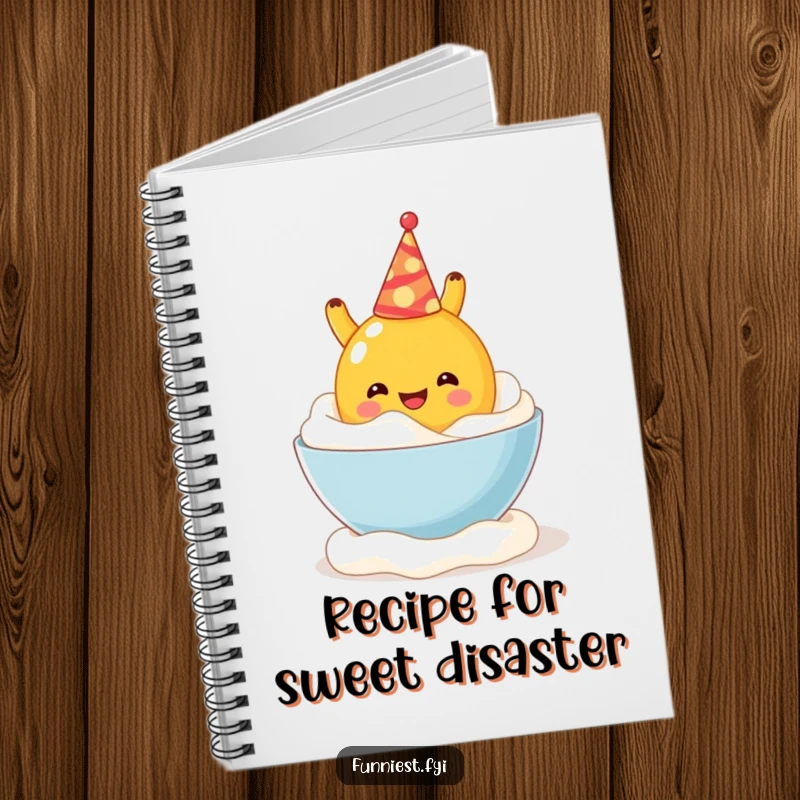 Funny notebook cover with a cheerful fruit character in a party hat falling into a bowl of whipped cream, perfect for jotting down funny thoughts.