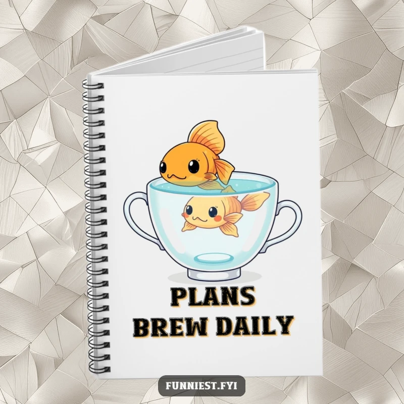 Funny determined goldfish character in a giant teacup, a humorous notebook for planning and goal setting.
