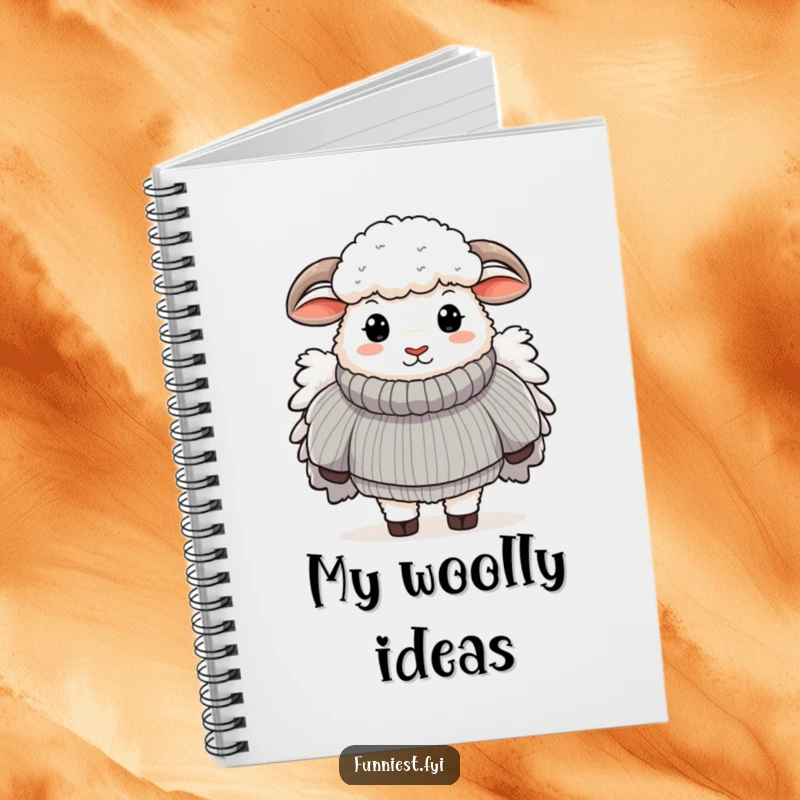 Funny notebook with a sheep wearing a huge, fluffy sweater, ideal for writing, drawing, and capturing humorous thoughts.